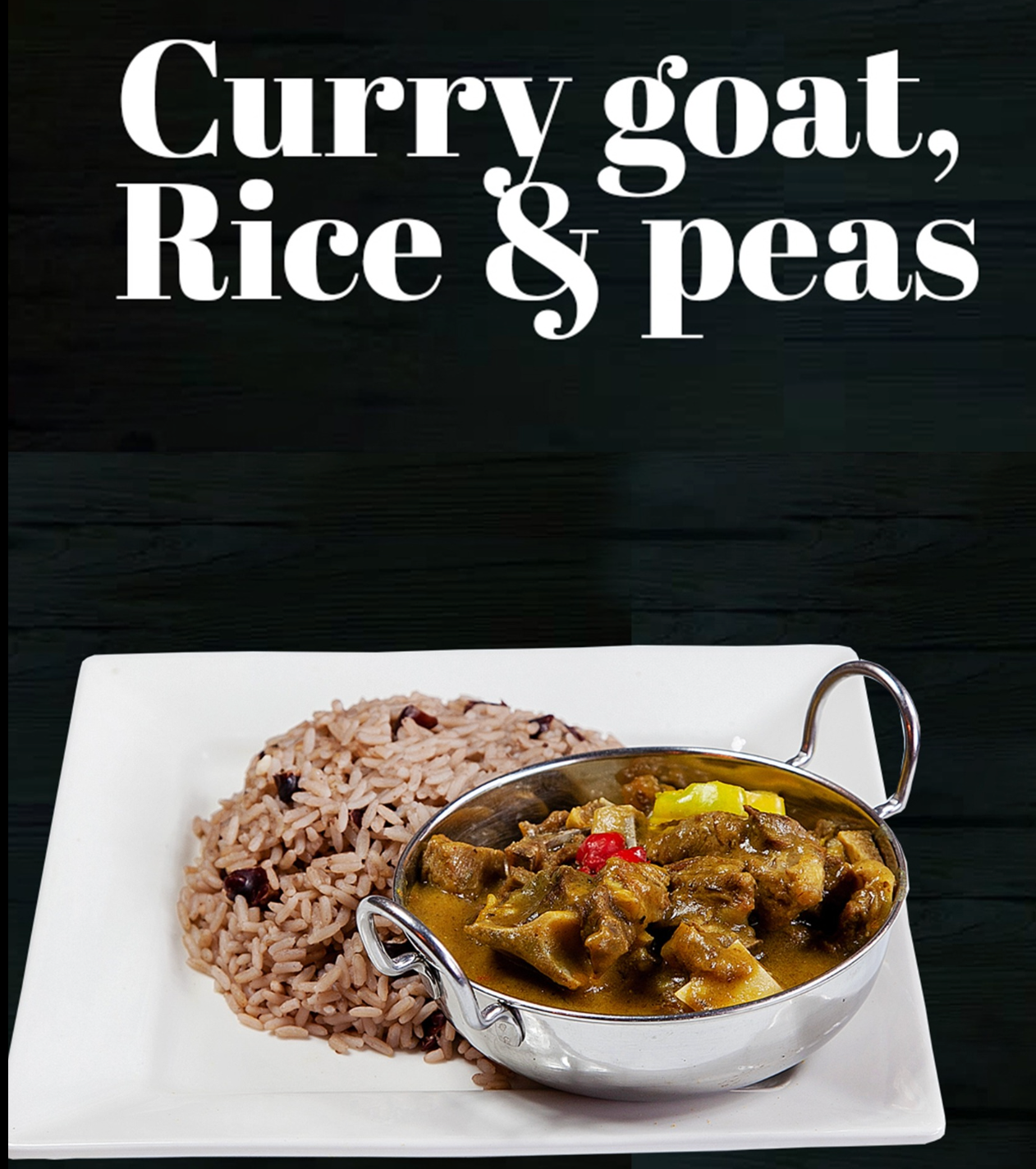 Curry goat with rice and peas